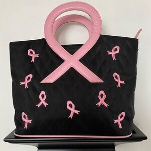 Pink Ribbon Quilted Tote Bag - Black and Pink 13 inches wide by 9 inches high